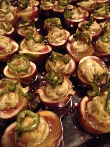 Bacon-Goat Cheese-Stuffed Figs Topped with Candied Jalapeño Pepper 